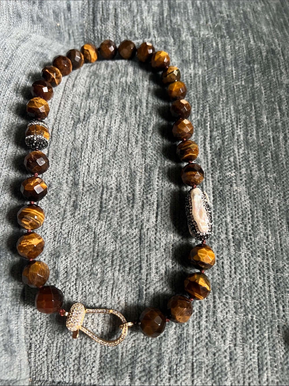 Faceted Tiger's Eye Necklace with Pave Clasp and Druzy Accent - Brown